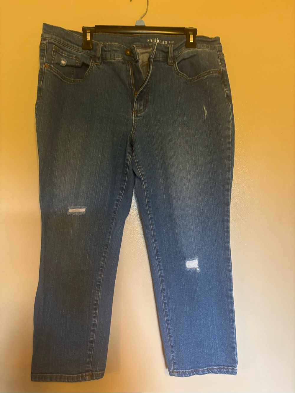 Studio Boyfriend Jeans in Medium Blue with Distressed Details